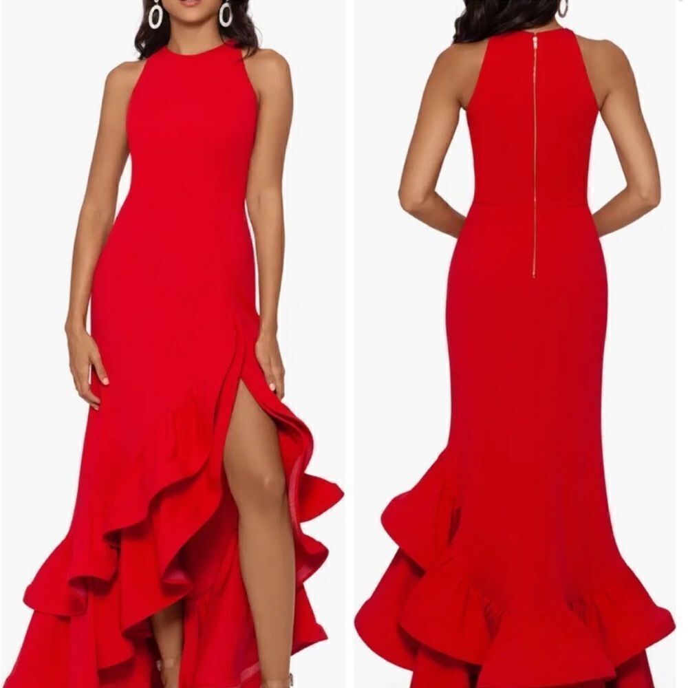 BETSY & ADAM A22845 Long Halter Crepe Tiered Ruffle Gown $268
